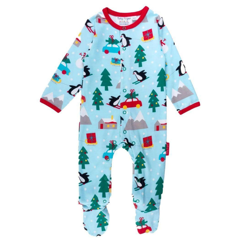 Toby Tiger Organic Penguin's Christmas Print Babygrow - ScandiBugs