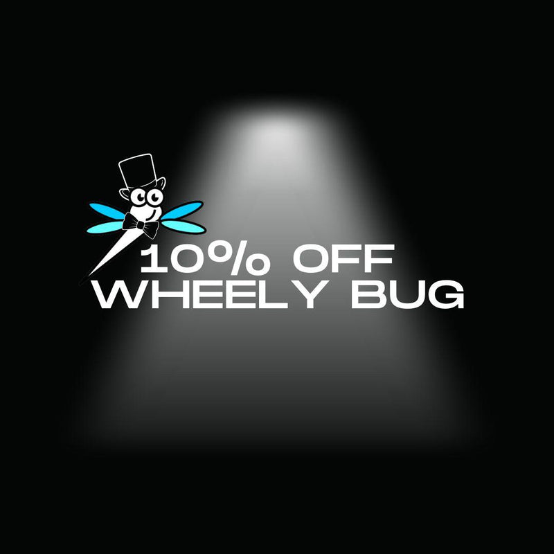 Promotional graphic for '10% Off Wheely Bug' with a cartoon bug character on a black background.