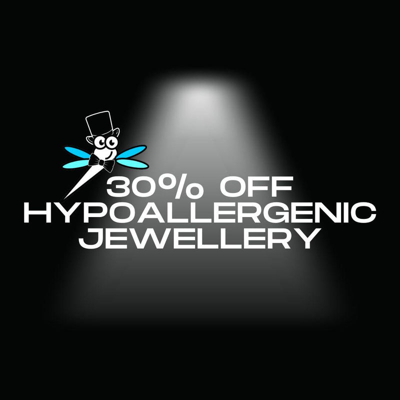 Promotional image for hypoallergenic jewellery with a discount offer on a black background.