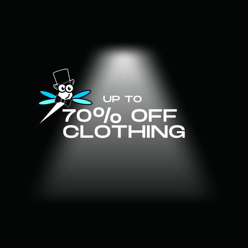 Promotional graphic with a logo and text 'Up to 70% Off Clothing' on a black background.