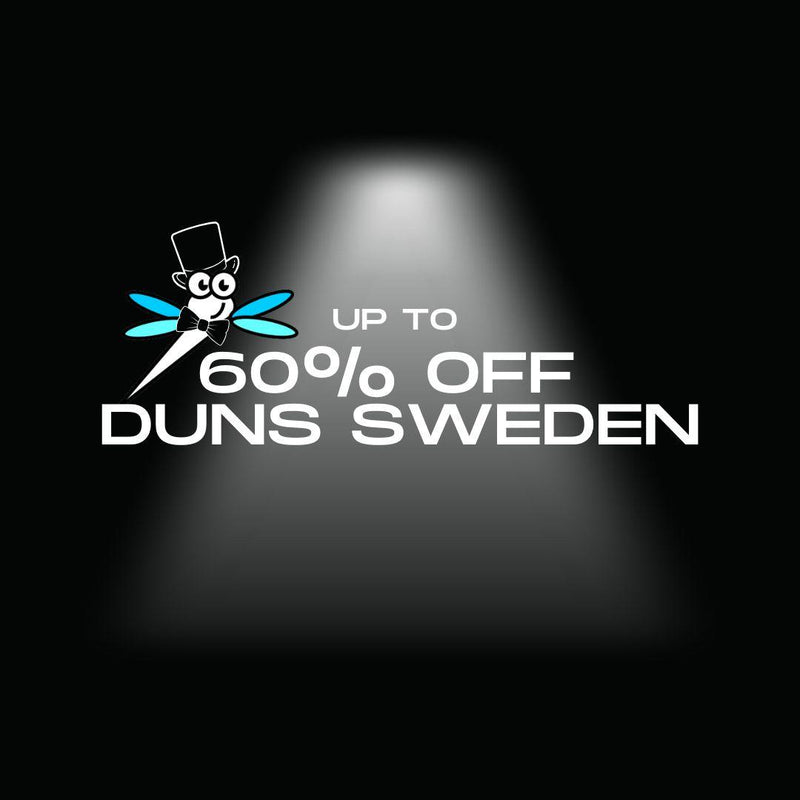 Promotional text 'Up to 60% Off Duns Sweden' with a logo on a black background
