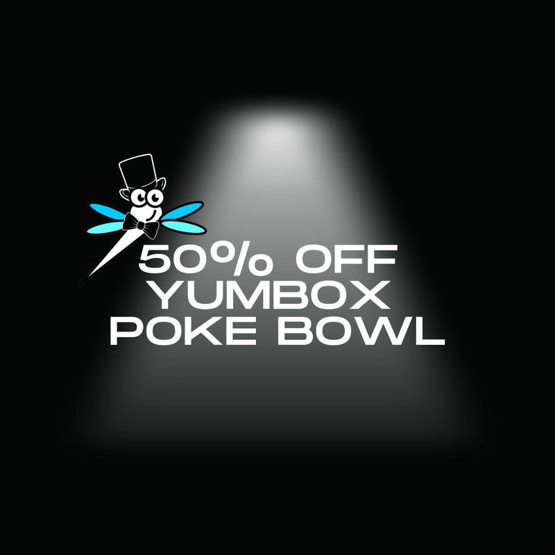 Promotional graphic for Yumbox Poke Bowl with a discount offer on a black background.