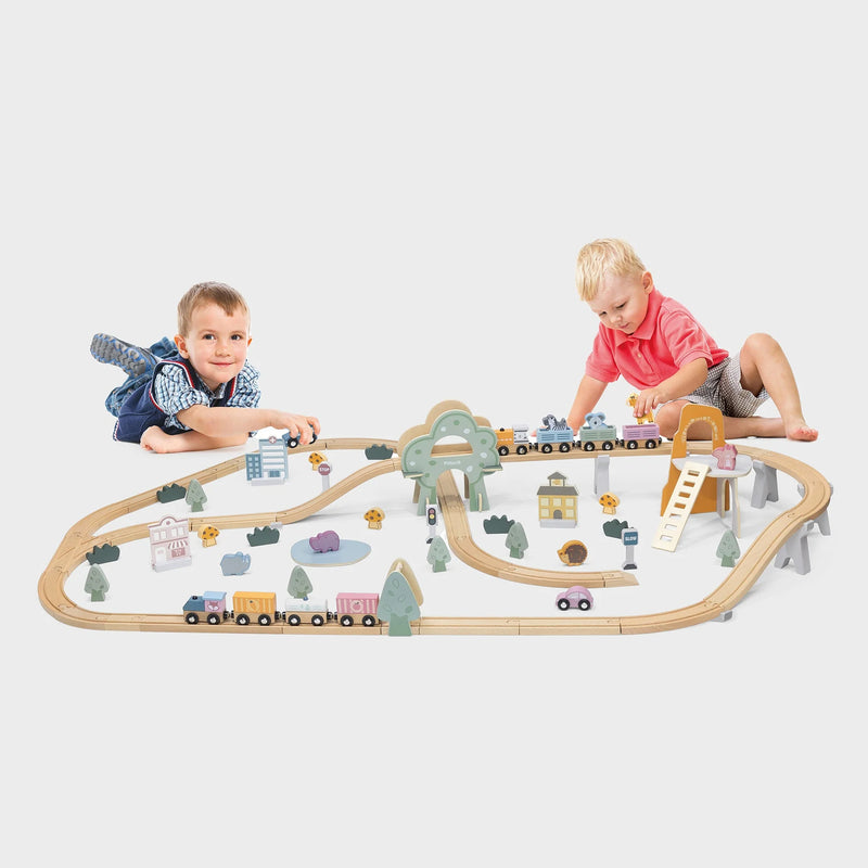 PolarB Wooden Toy Train Set - 92 Pieces