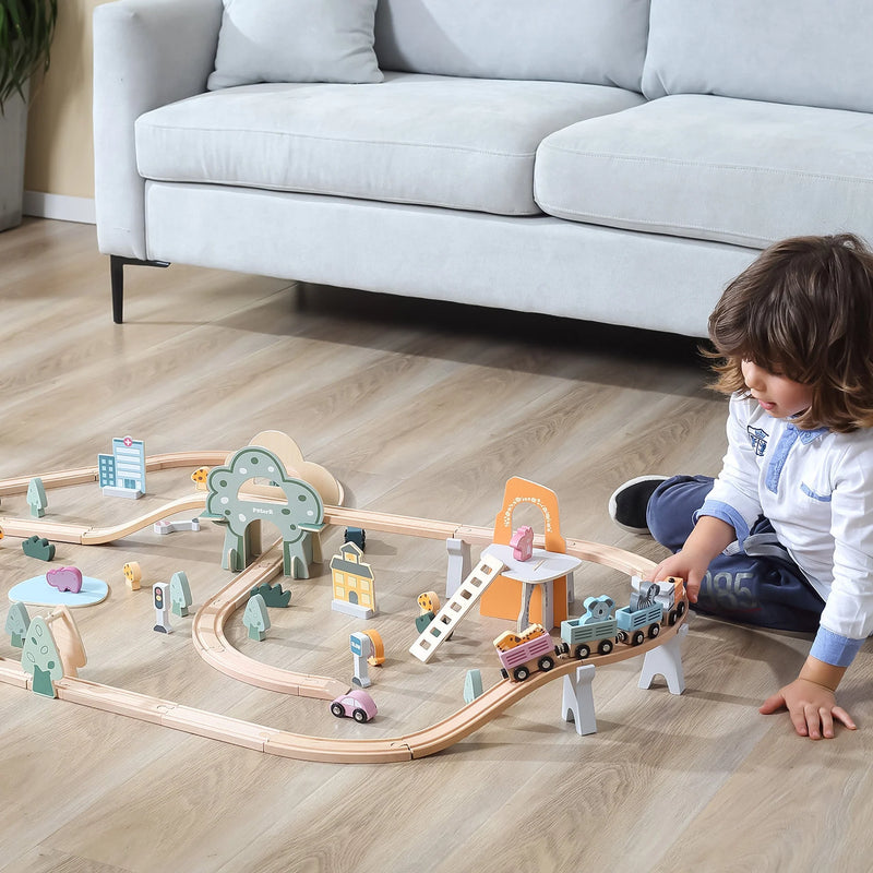 PolarB Wooden Toy Train Set - 92 Pieces