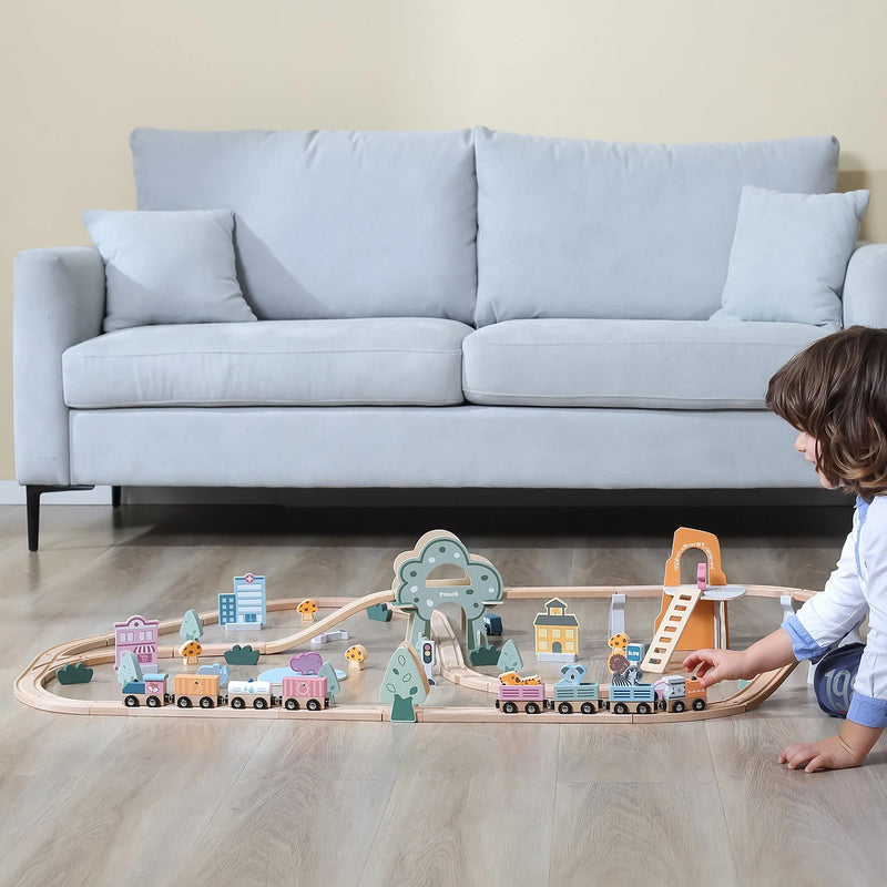 PolarB Wooden Toy Train Set - 92 Pieces