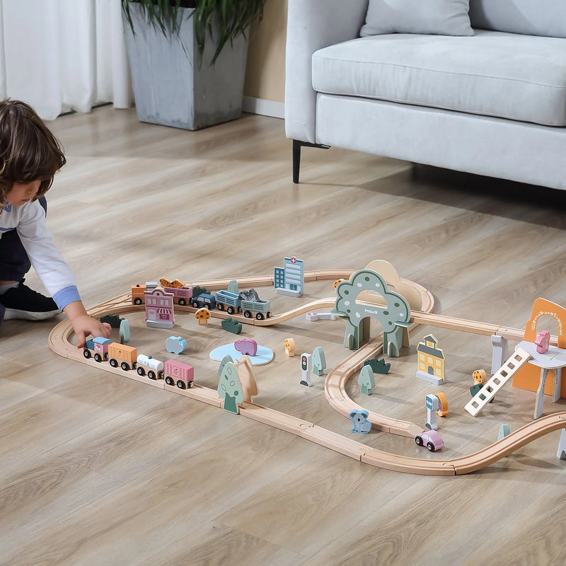 PolarB Wooden Toy Train Set - 92 Pieces
