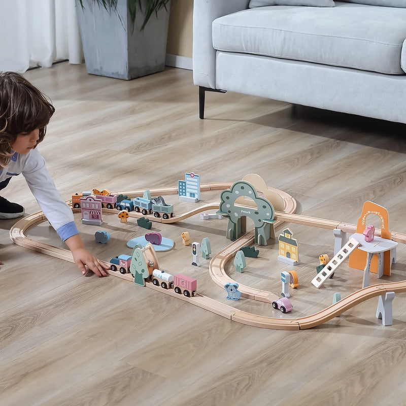 PolarB Wooden Toy Train Set - 92 Pieces