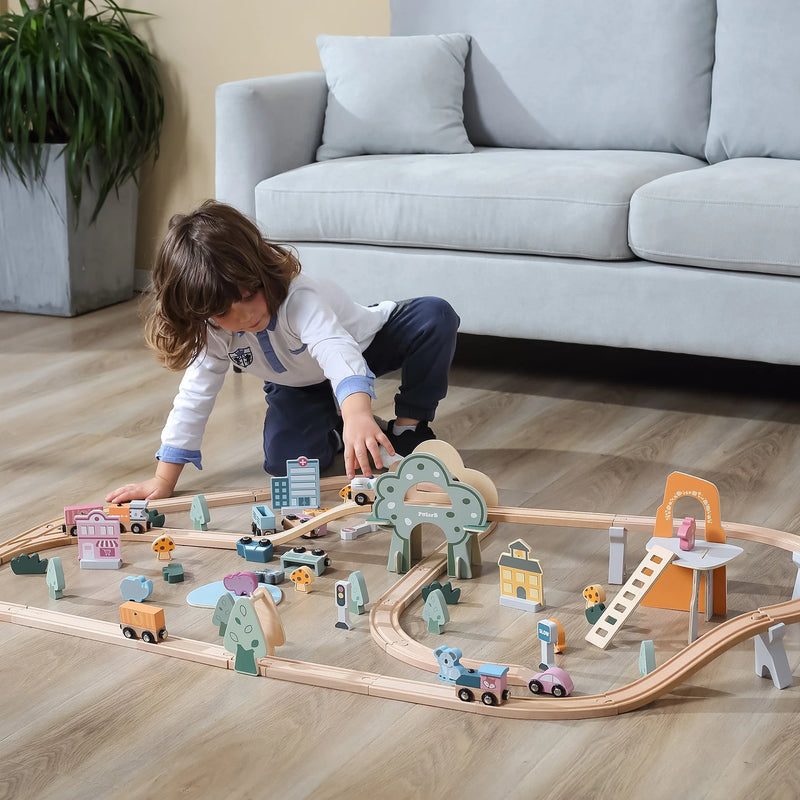 PolarB Wooden Toy Train Set - 92 Pieces