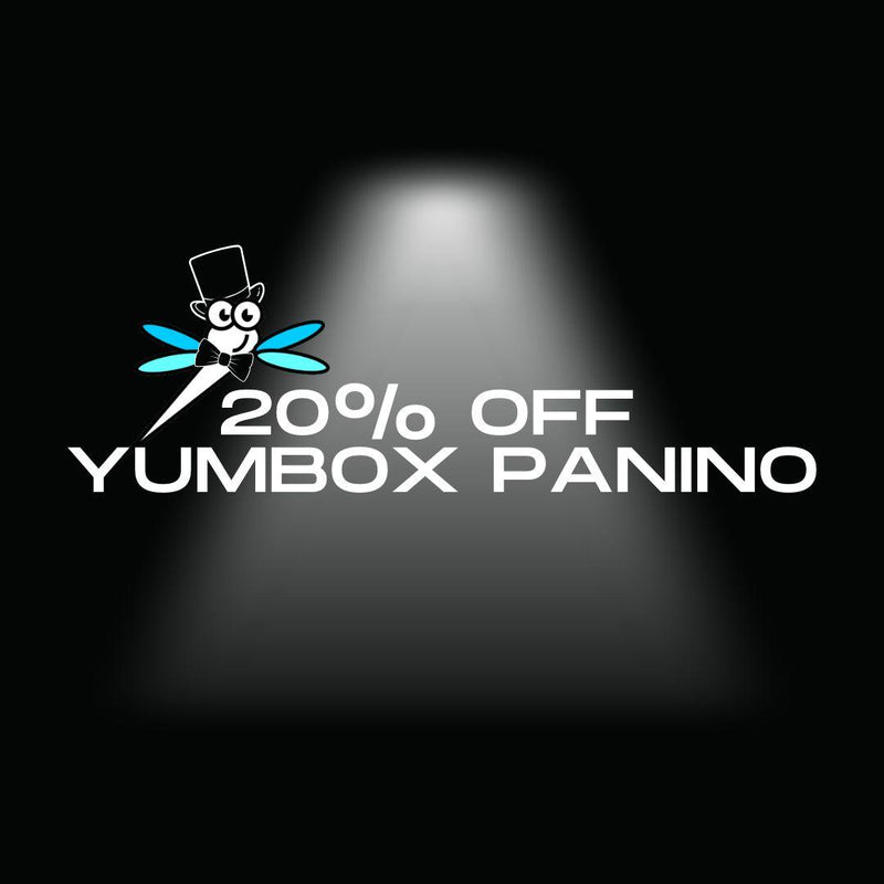 Yumbox Panino logo with a discount offer on a dark background