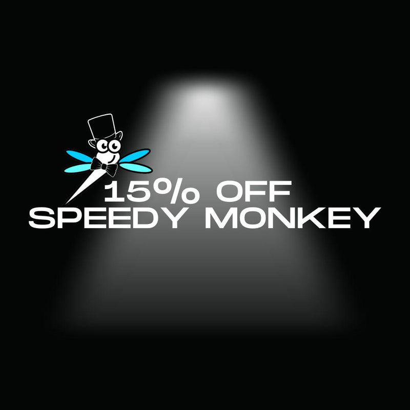 Promotional graphic with '15% Off Speedy Monkey' text and logo on a black background