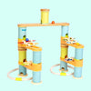 Colorful marble run toy set with wooden tracks and cylindrical platforms on a white background