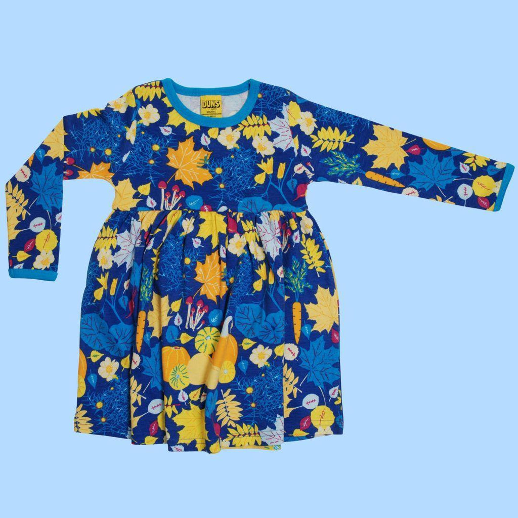 DUNS Fall Flowers Blue - Long Sleeve Gather Twirly Dress - ScandiBugs